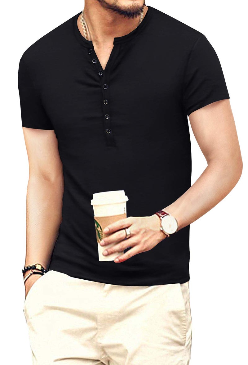 YTD Mens Casual Slim Fit Basic Henley Short Sleeve Fashion Summer T-Shirt M Black - Image 2